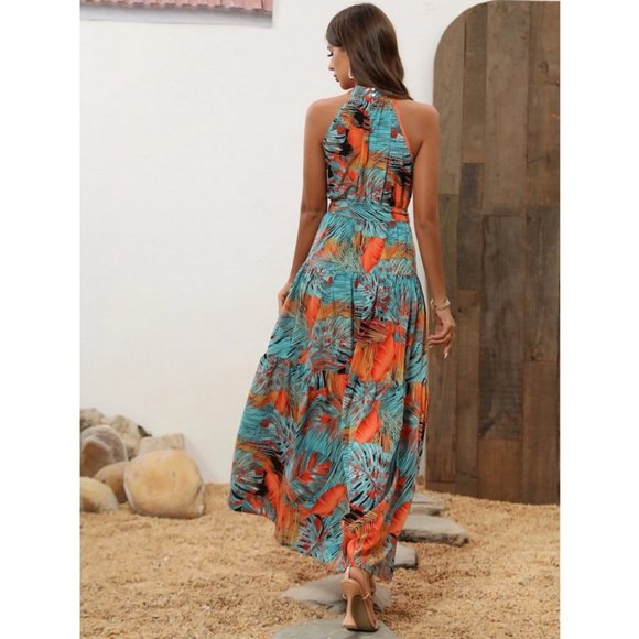 Tropical Palm Print Belted Halter Maxi Dress - Picture 8 of 8